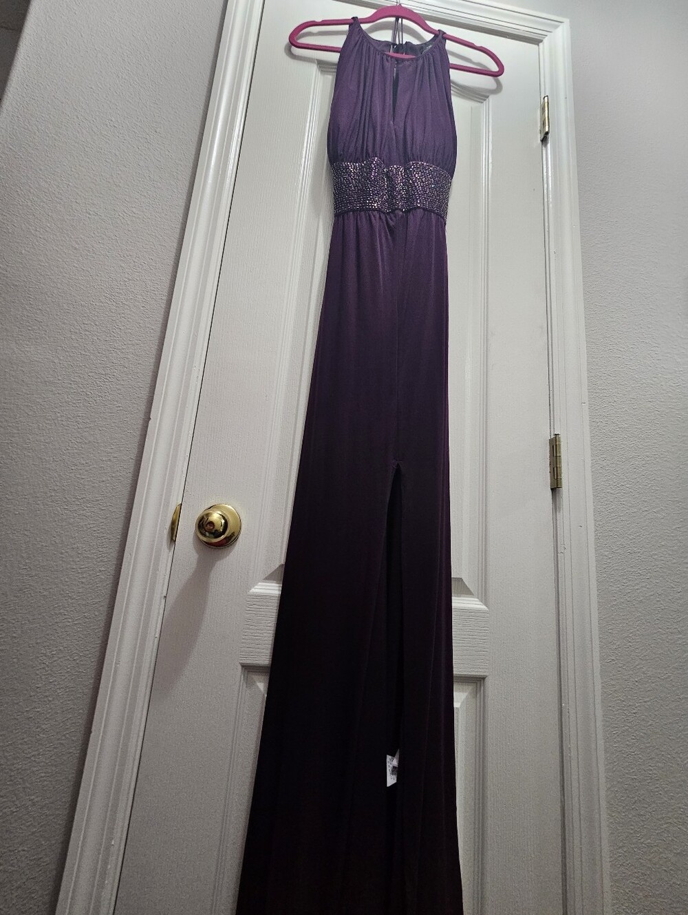 Elegant Plum Halter Evening Gown with Beaded Waist